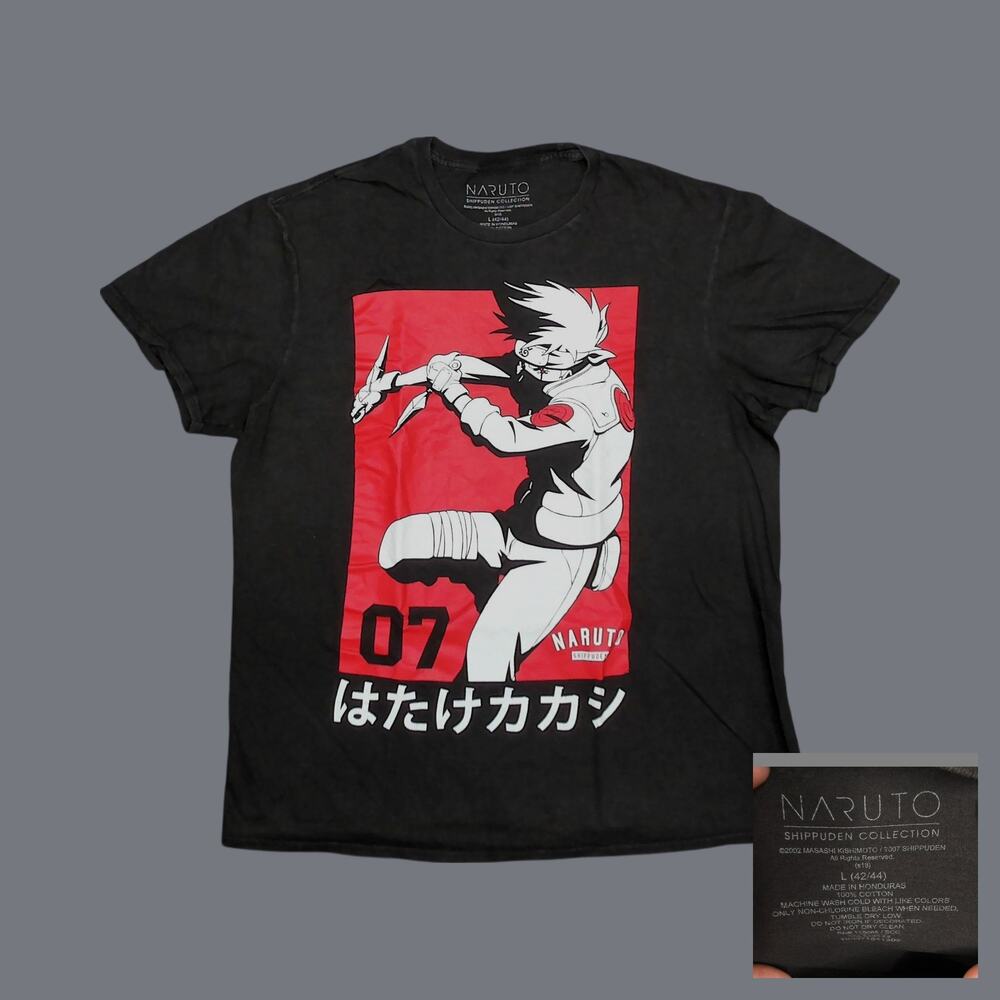 Naruto Shippuden Hatake Kakashi Faded Black Graphic Anime Tee Shirt Large